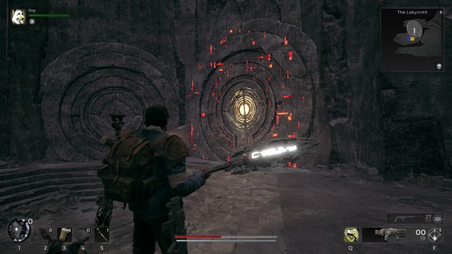 A screenshot of a character standing in front of the corrupted red door in the Labyrinth in Remnant 2
