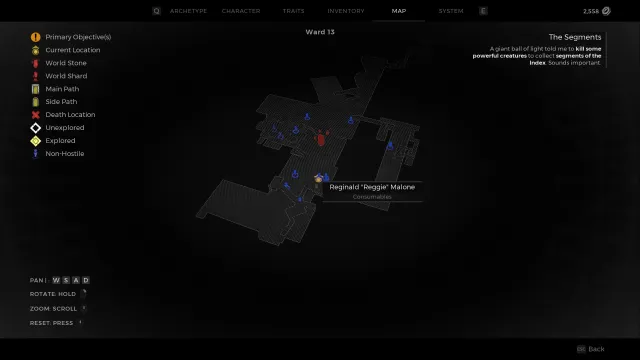 A screenshot of the Remnant 2 map showing the location of Reggie in the Ward 13 area.