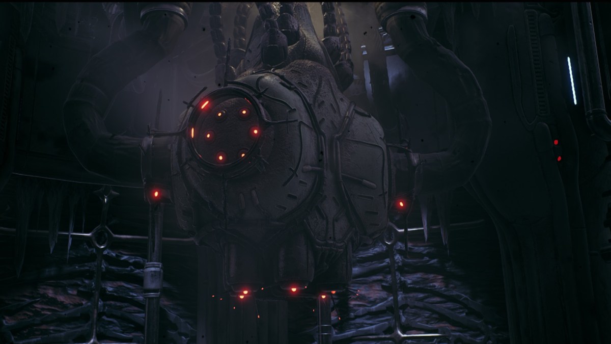 The Custodian's Eye boss in Remnant 2, a spherical machine covered in red lights and wires.