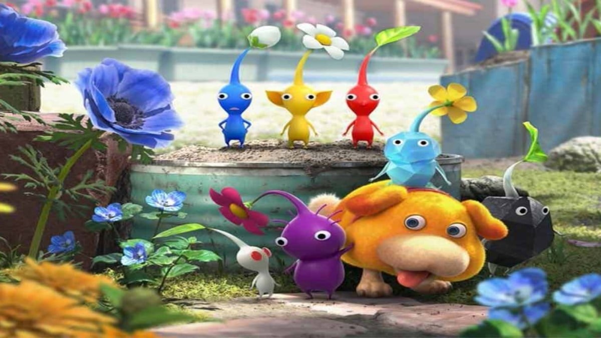 A promotional image for Pikmin 4 showing a variety of characters stood together in a garden.
