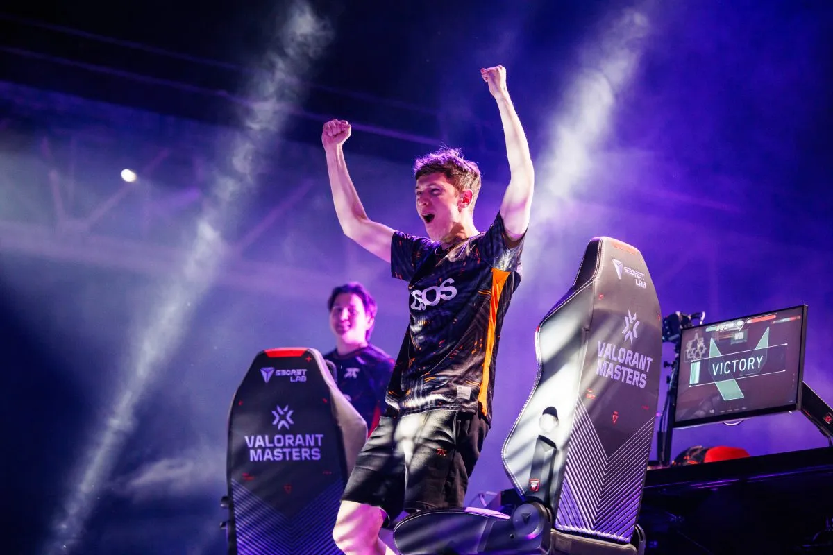 Jake "Boaster" Howlett of Fnatic reacts with excitement at the moment of victory at VALORANT Masters Tokyo Grand Finals at Makuhari Messe on June 25, 2023 in Chiba, Japan.