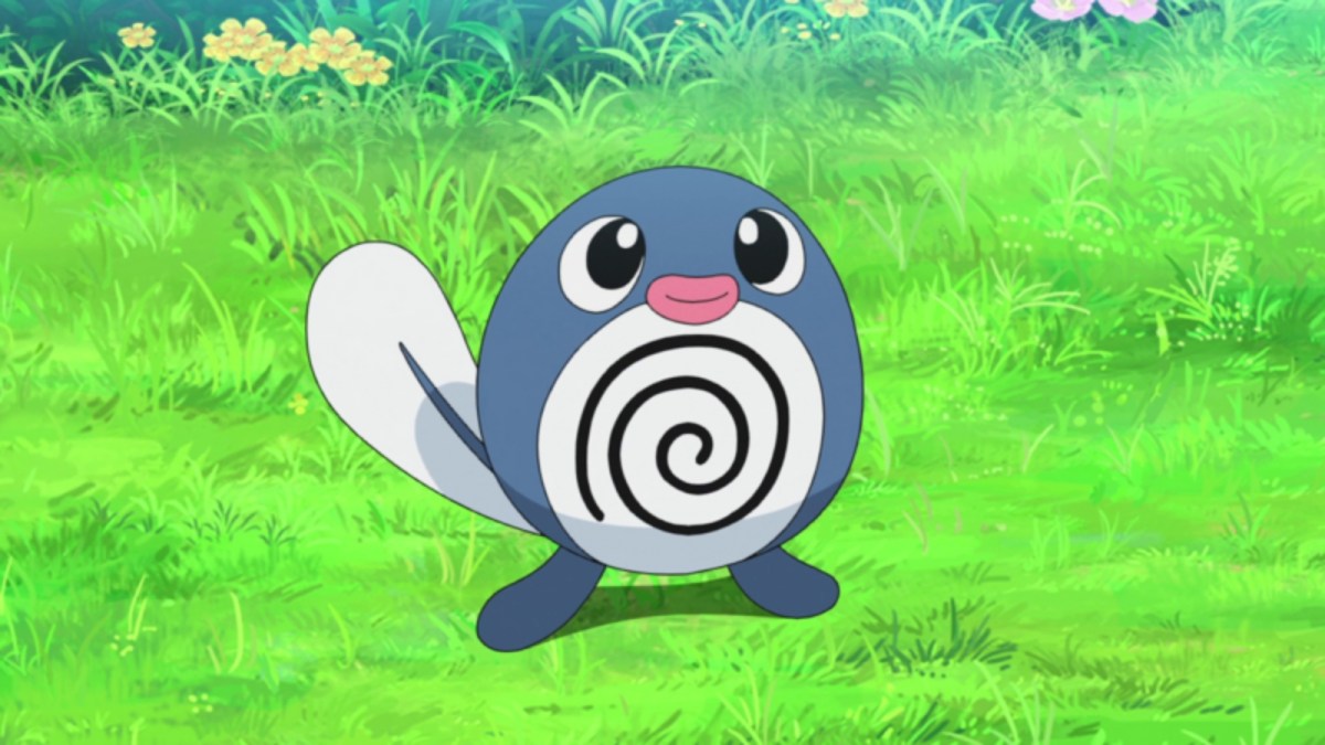 Poliwag shown in the Pokemon anime, standing on a field of grass.