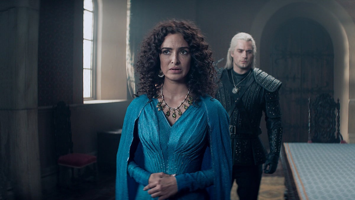 An image of Anna Shaffer as Triss Merigold and Henry Cavill as Geralt of Rivia in The Witcher Netflix show.
