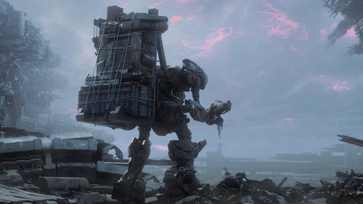 A mech carrying some supplies in Armored Core 6