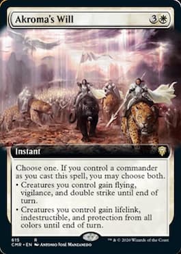 Image of soldiers riding into battle through Akroma's Will Commander Legends MTG card