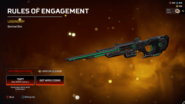 The Rules of Engagement Sentinel skin, a dark skin with glowing green highlights.