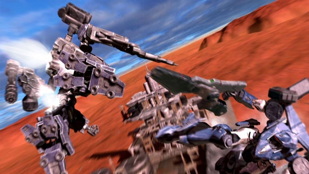 Two mechs battling each other in Armored Core 2.