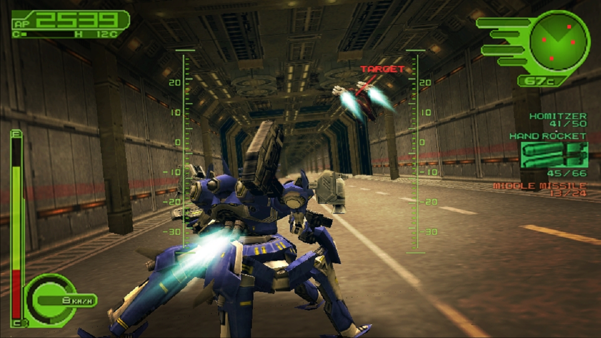 An image of a mech in battle with a flying mech in a tunnel in Armored Core 3.