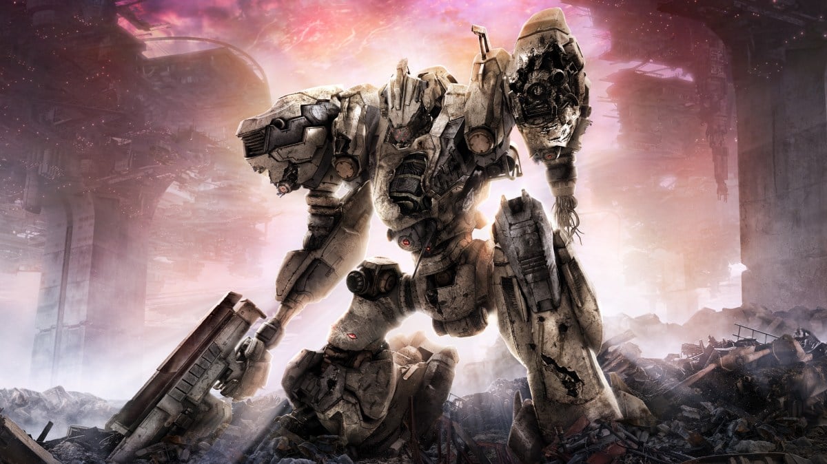 The full body of an Armored Core 6 mech, with rumble around its feet