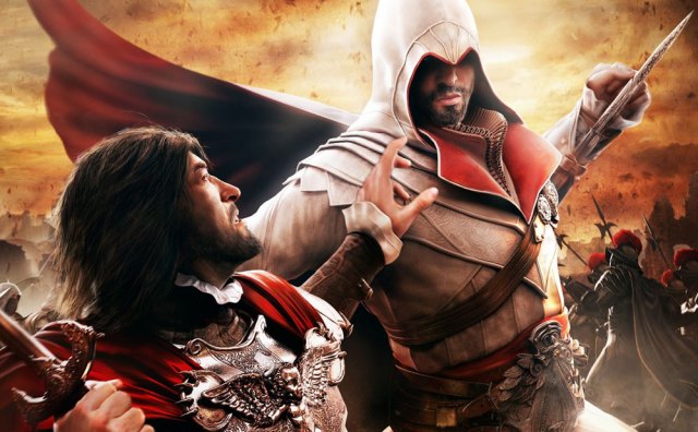 Ezio assassinating an enemy with his blades.