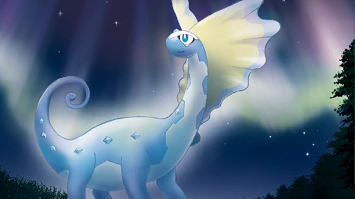 Aurorus, a dinosaur-like Pokémon, in front of an aurora in Pokémon Go.