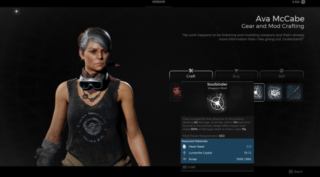 A menu showing Ava McCabe and the mod that can be crafted after acquiring the Heart Seed in Remnant 2.