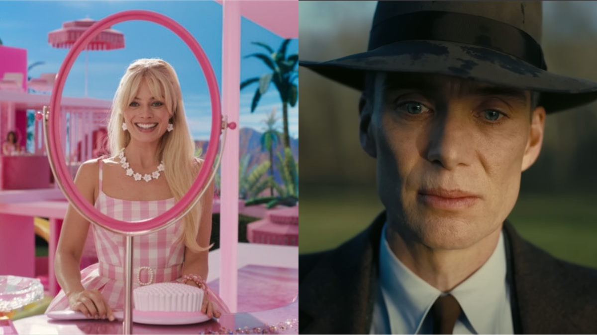 Margot Robbie's Barbie smiling and Cillian Murphy's Oppenheimer looking terrified.