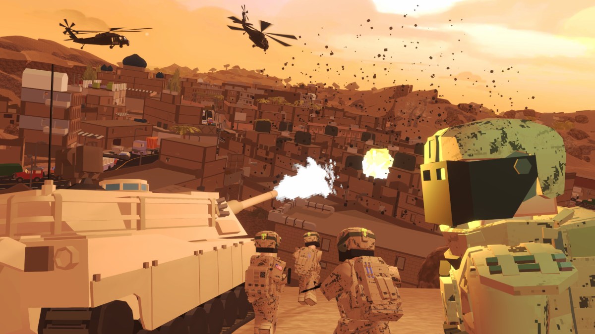 Art of FPS game BattleBit Remastered featuring four soldiers, an helicopter, and a tank.