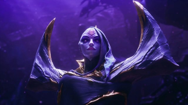A purple demonic creature with large horns emerging from its shoulders stares forward in League of Legends.