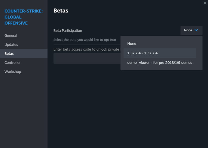 A screenshot of CS:GO's Beta Mentu in Steam.