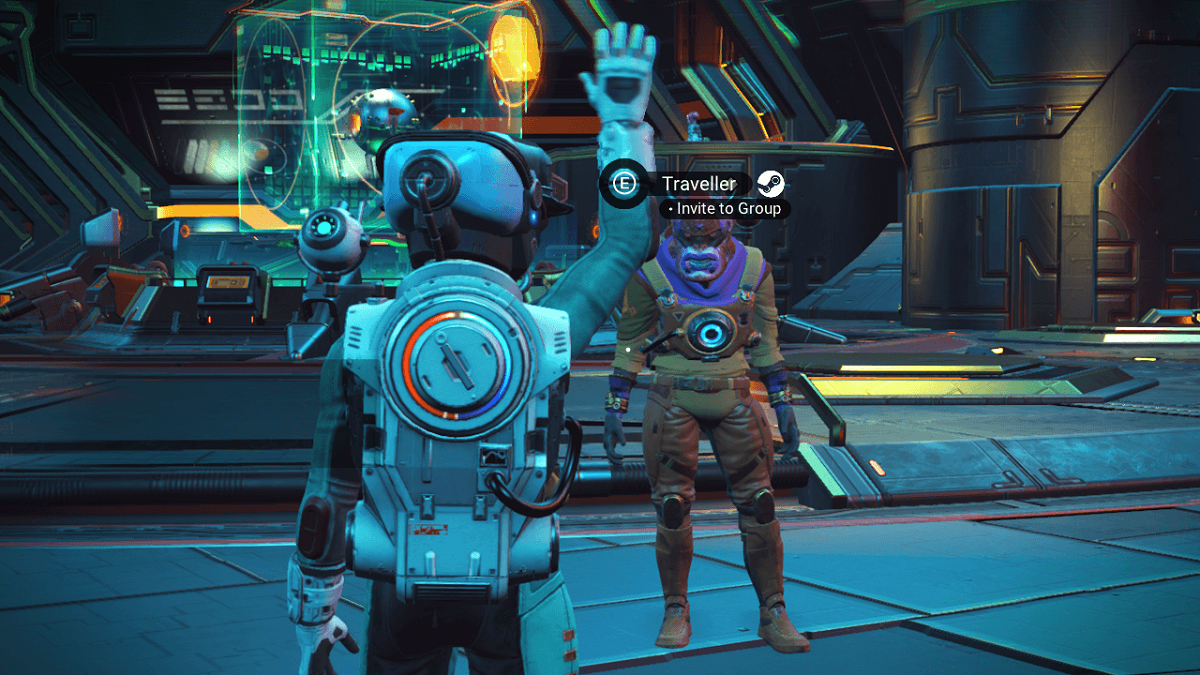 An image showing the player character interacting over cross-platform with another player character in No Man's Sky.