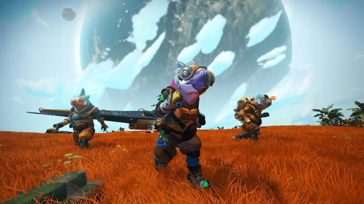 Three Geks—reptilian, turtle-like humanoid creatures—run side by side on a grassy planet with a massive planet in the background.