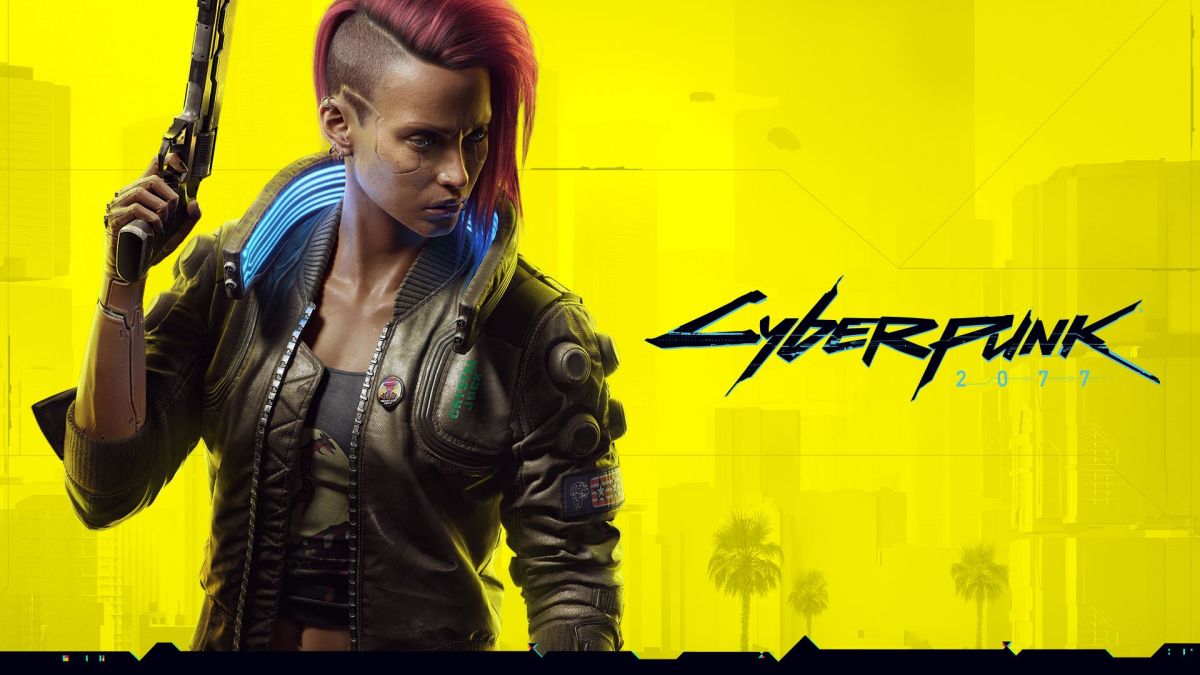 Image of Cyberpunk 2077's protagonist V. This is the default look of V's female version. She has red hair, an undercut, several piercings, and is holding a pistol.