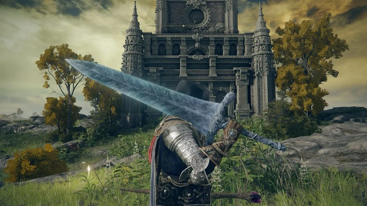An image of the player character holding up the Dark Moon Greatsword in Elden Ring.