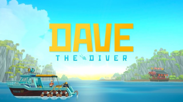 La schermata di caricamento di Dave the Diver, che mostra il titolo sopra il mare e una barca, con un ristorante di sushi in lontananza.