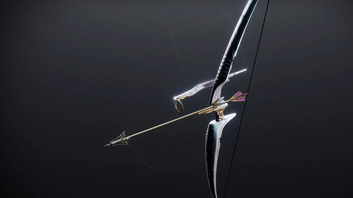 The Wish-Ender Exotic bow in Destiny 2. A white iridescent bow, with gold and purple arrows.