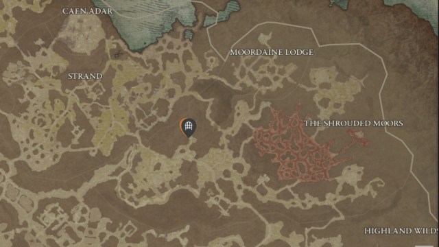 The location of the Aldurwood dungeon shown on the Diablo 4 map.
