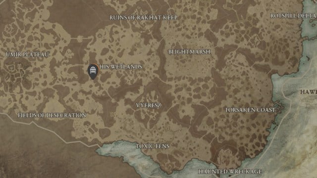 The location of the Blind Burrows dungeon in Diablo 4, shown in the Hawezar region.