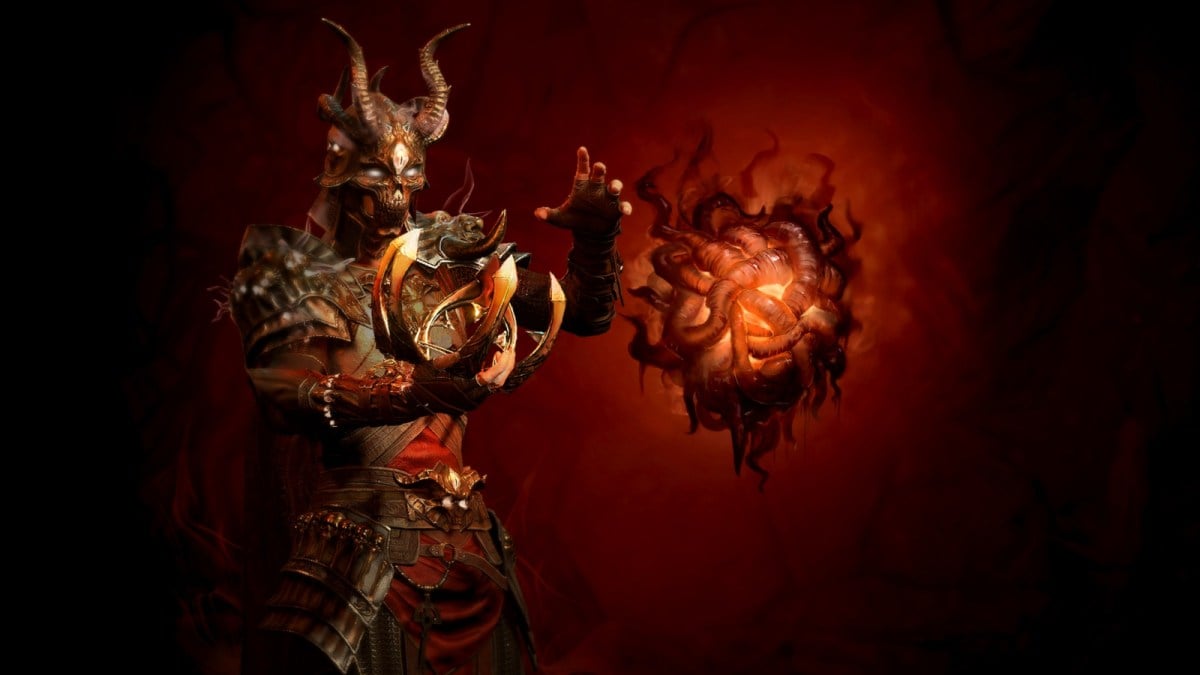 A character in Diablo 4 interacting with a Malignant Heart that is glowing red in front of a dark background.