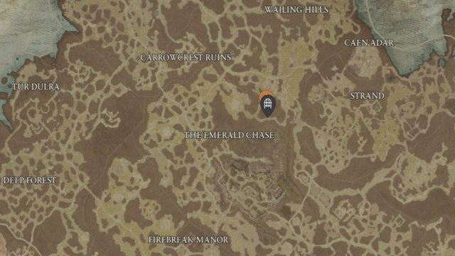The location of the Raethwind Wilds dungeon shown on the Diablo 4 map.