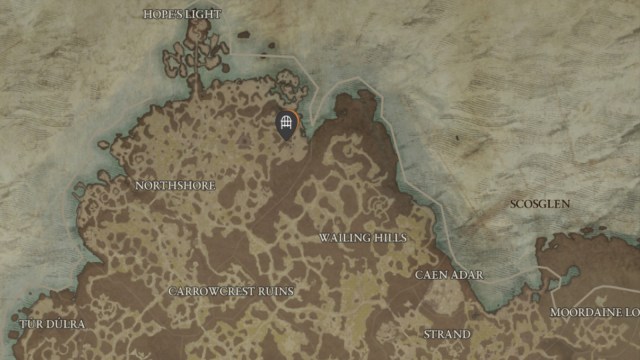 The location of the Sunken Ruins dungeon shown on the Diablo 4 map.