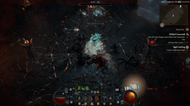 A screenshot of a Barbarian getting frozen in Diablo 4. She's about to die a horrible death.