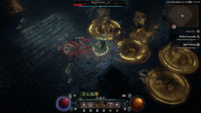 A screenshot of a spider boss getting staggered and amount to take some serious damage to an angry Barbarian in Diablo 4.