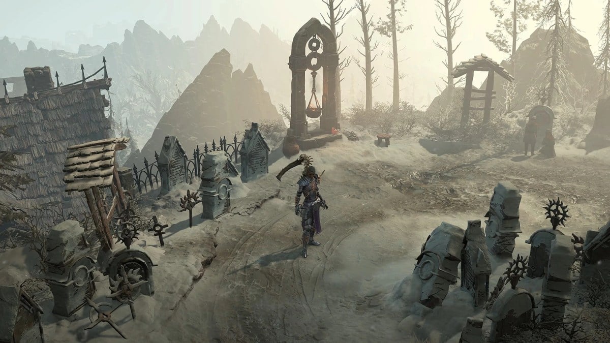 A player in Diablo 4 stands in a Stronghold in a snowy environment, surrounded by gravestones.