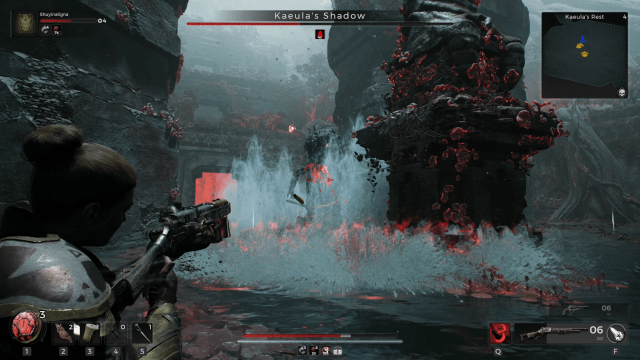 Kaeula's Shadow sends out an arc-shaped disc of water towards the player character in Remnant 2. A statue covered by a red barnacle-like substance is on the right side of the screen