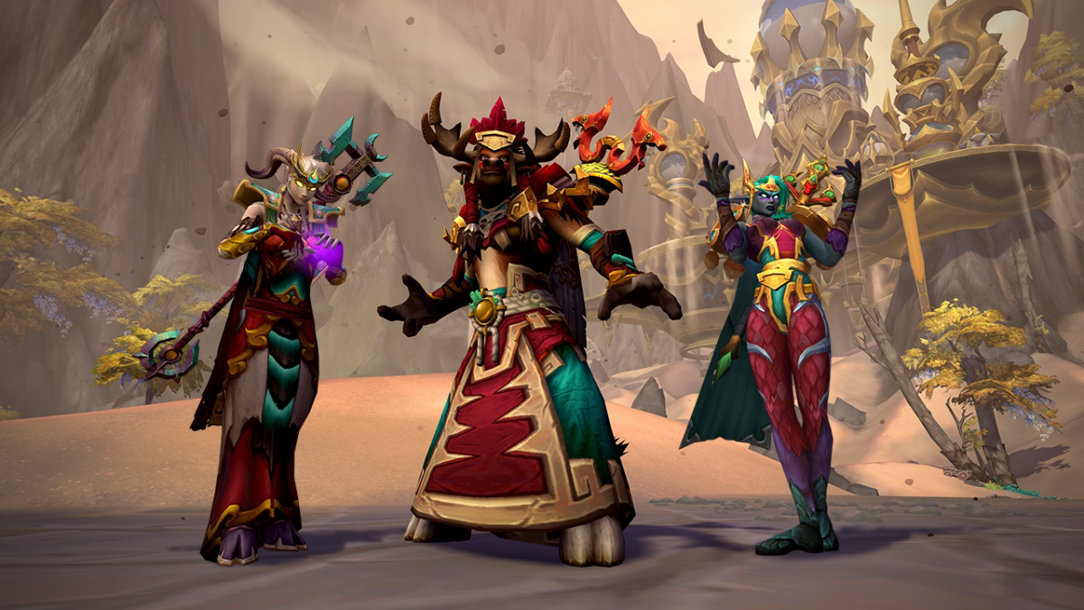 Draenei, Tauren, and Elf Warlocks standing in Thaldraszus and casting spells
