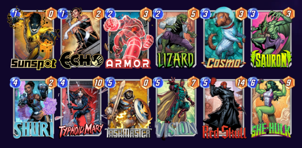 Marvel Snap deck consisting of Sunspot, Echo, Armor, Lizard, Cosmo, Sauron, Shuri, Typhoid Mary, Taskmaster, Vision, Red Skull, and She-Hulk. 