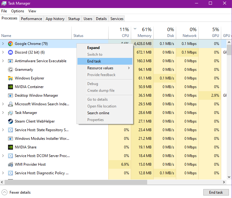 A screenshot of the Task Manager to End Tasks