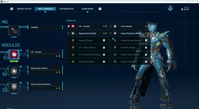 The module selection screen in Exoprimal, showing a number of options available.