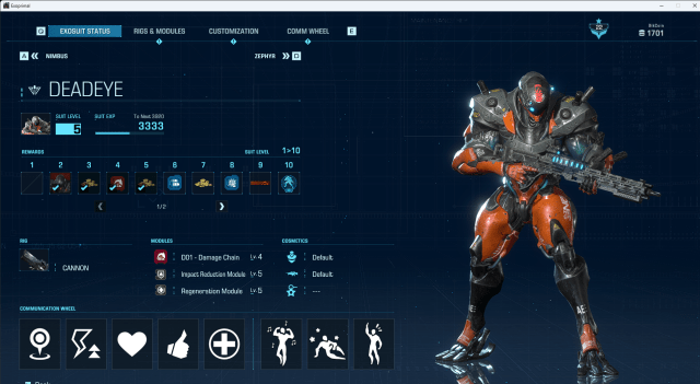 The Deadeye exosuit screen in Exoprimal, showcasing the unlockable rewards, player level and more.