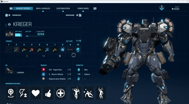 The Krieger exosuit page in Exoprimal, showing unlockable rewards and suit level.