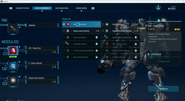 The module and rig customization screen in Exoprimal for Krieger, showing available modules for selection.