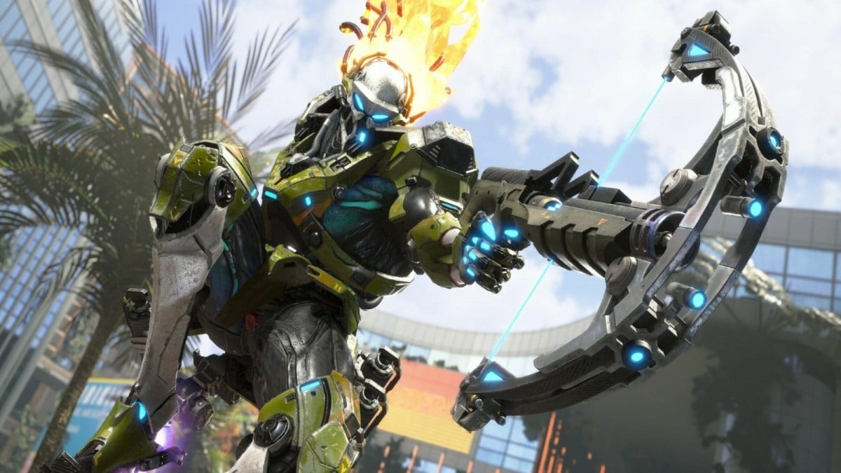 A player in Exoprimal wearing a yellow exosuit wielding a crossbow-like weapon.