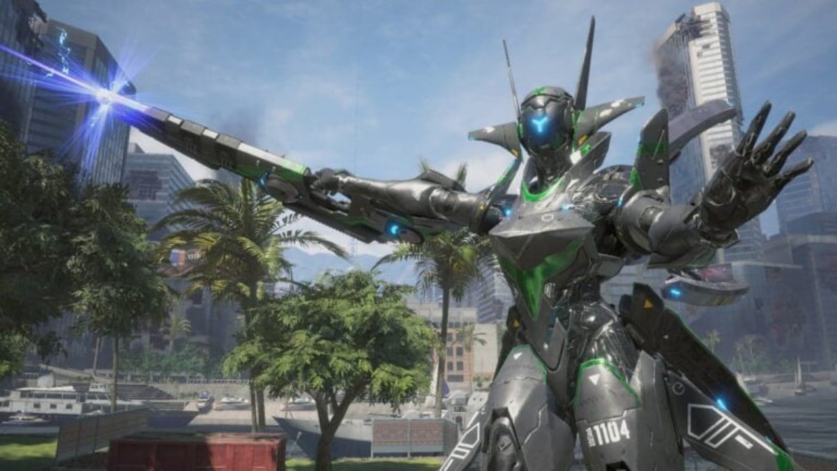 The Skywave Alpha Variant shown in game in an offensive staance in front of a destroyed skyscraper.