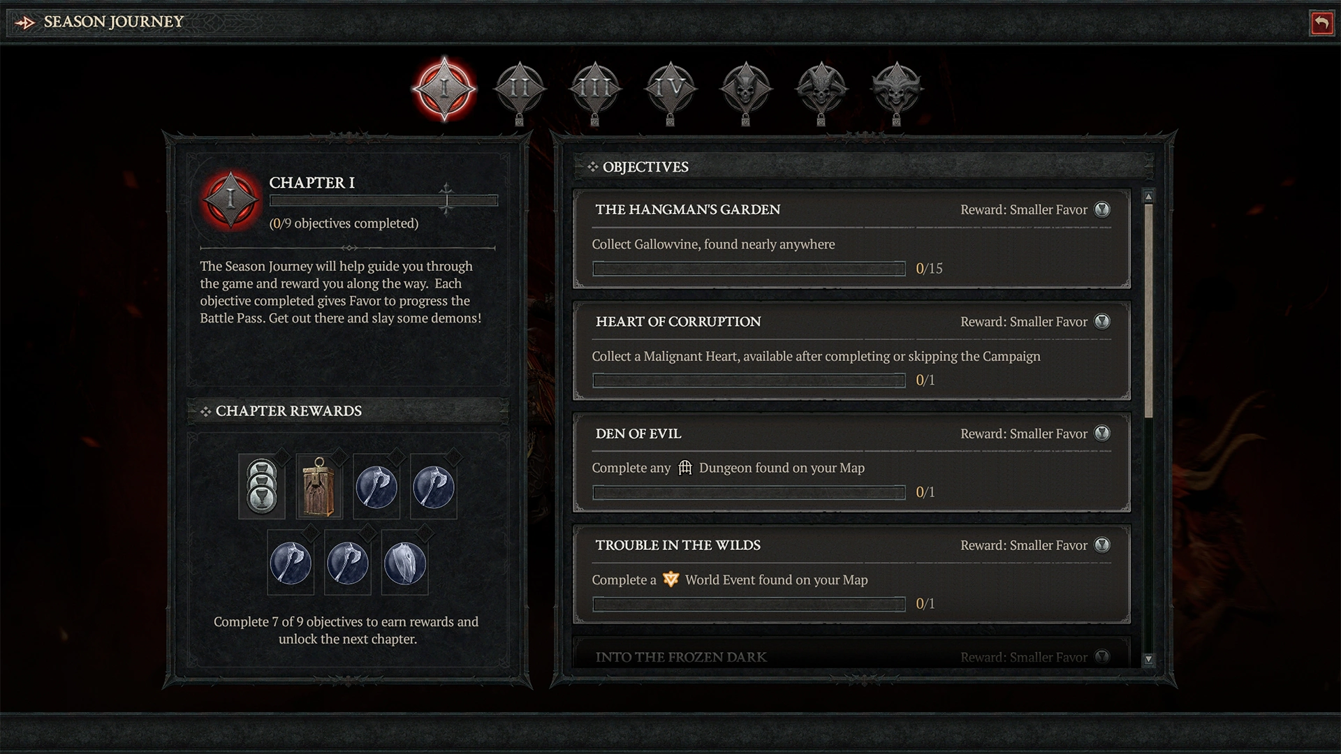 A screenshot of the in-game window of the Diablo 4 season journey. On the right is the list of objectives of Chapter one.