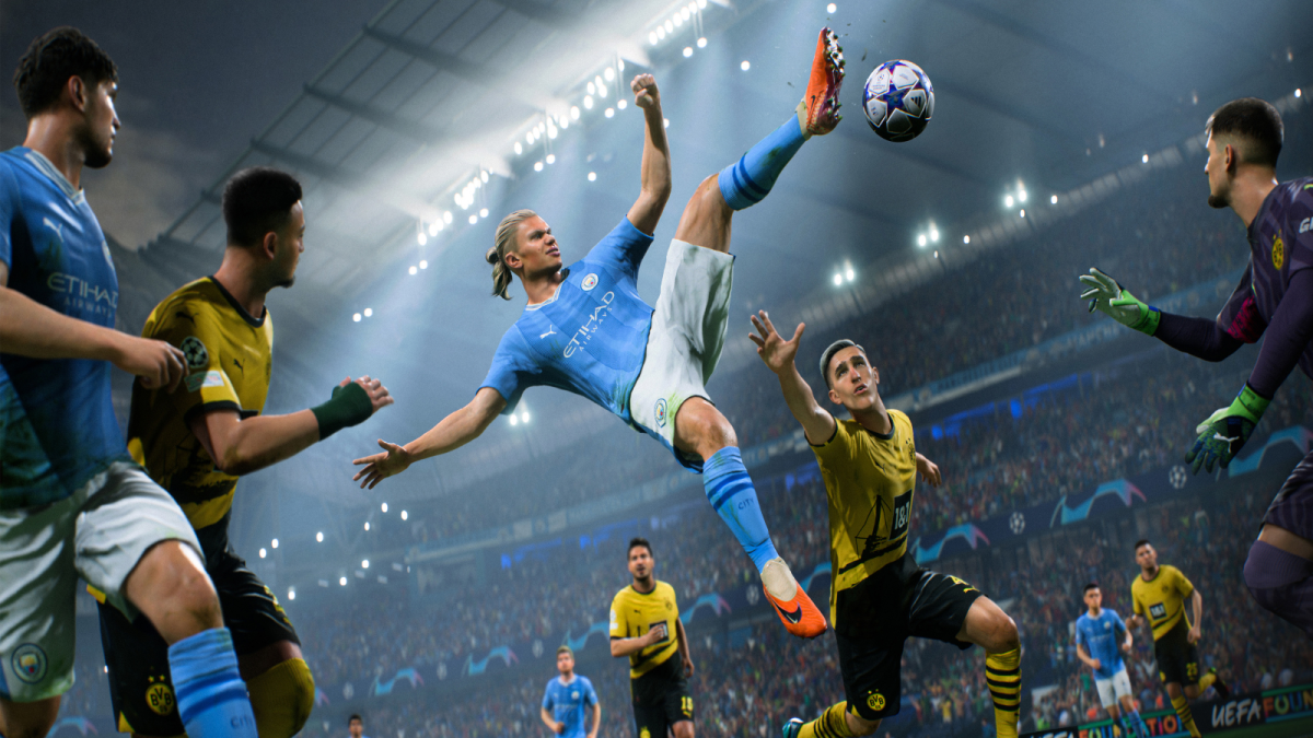 Manchester City striker Erling Haaland in EA FC 24 scoring an acrobatic volley against Borussia Dortmund.