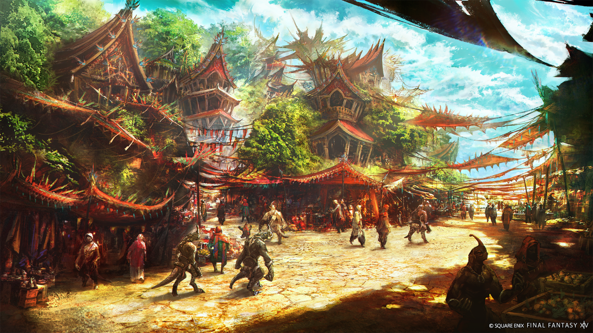 Promotional art showing a bustling street in FFXIV's Tural.