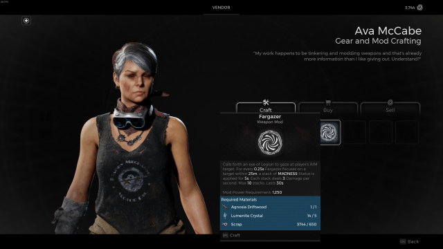 Ava McCabe, from Ward 13, showing you the crafting screen for the Fargazer weapon mod in Remnant 2.