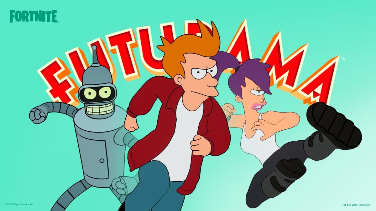 Futurama main characters Fry, Leela, and Bender in Fortnite.