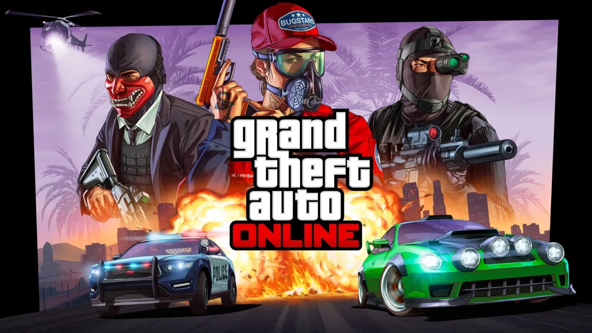 GTA Online cover art showing three characters and cars
